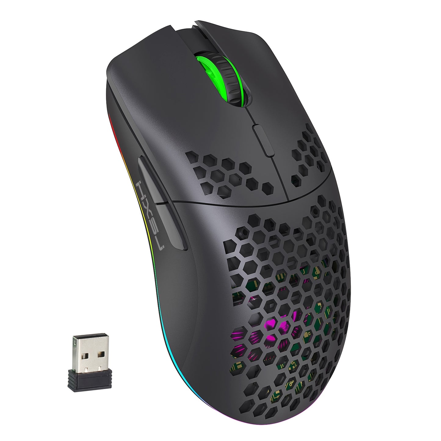 Wireless gaming mouse with RGB lighting, rechargeable, honeycomb design, USB plug & play, and right-handed comfort in white.