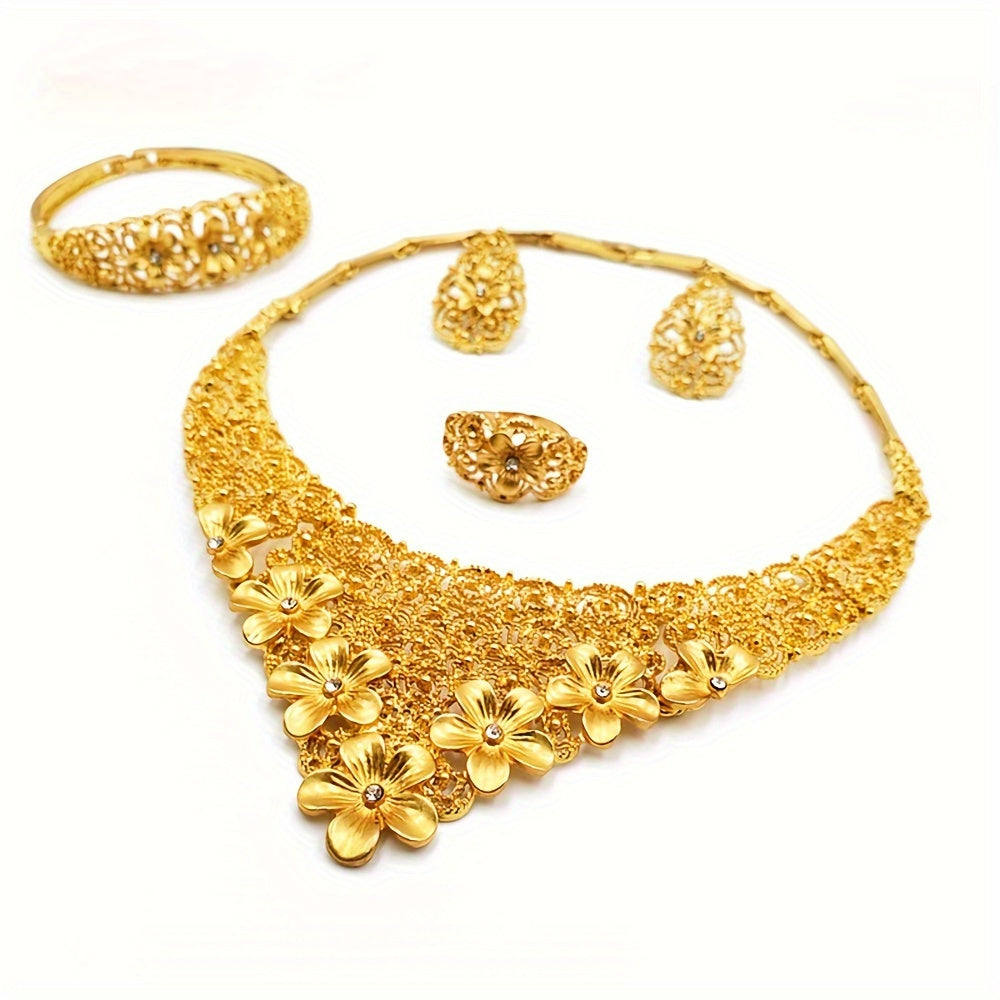 A Middle Eastern Dubai women's wedding jewelry set includes one necklace, one bracelet, one ring, and two earrings. This elegant European and American African bride wedding jewelry set features a necklace, bracelet, earrings, and a ring.