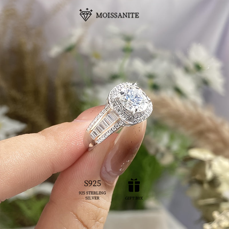 Elegant 925 Sterling Silver Hypoallergenic Belt Ring with 2ct Moissanite for Women. This Round Square ring is perfect for an Engagement or Wedding. Comes with a Moissanite Certificate and Exquisite Gift Box.