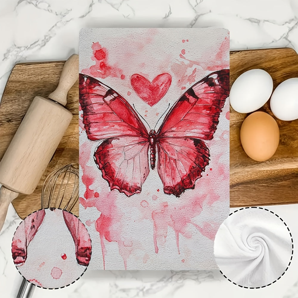 Get into the Valentine's Day spirit with these two ultra soft kitchen towels featuring a vibrant red butterfly and heart design. Made from highly absorbent polyester, these dish hand towels are machine washable and measure 40.64x60.96 cm. Perfect for