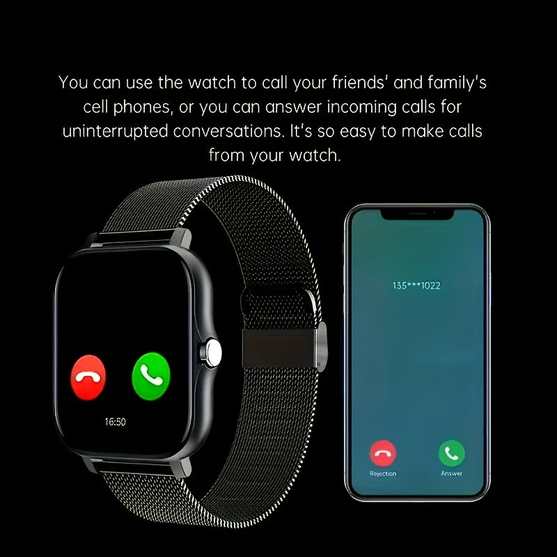 Borderless slim smart watch for iPhone and Android with wireless talk/receive, sports modes, sedentary alert, weather forecast, and message notifications - perfect gift for all.