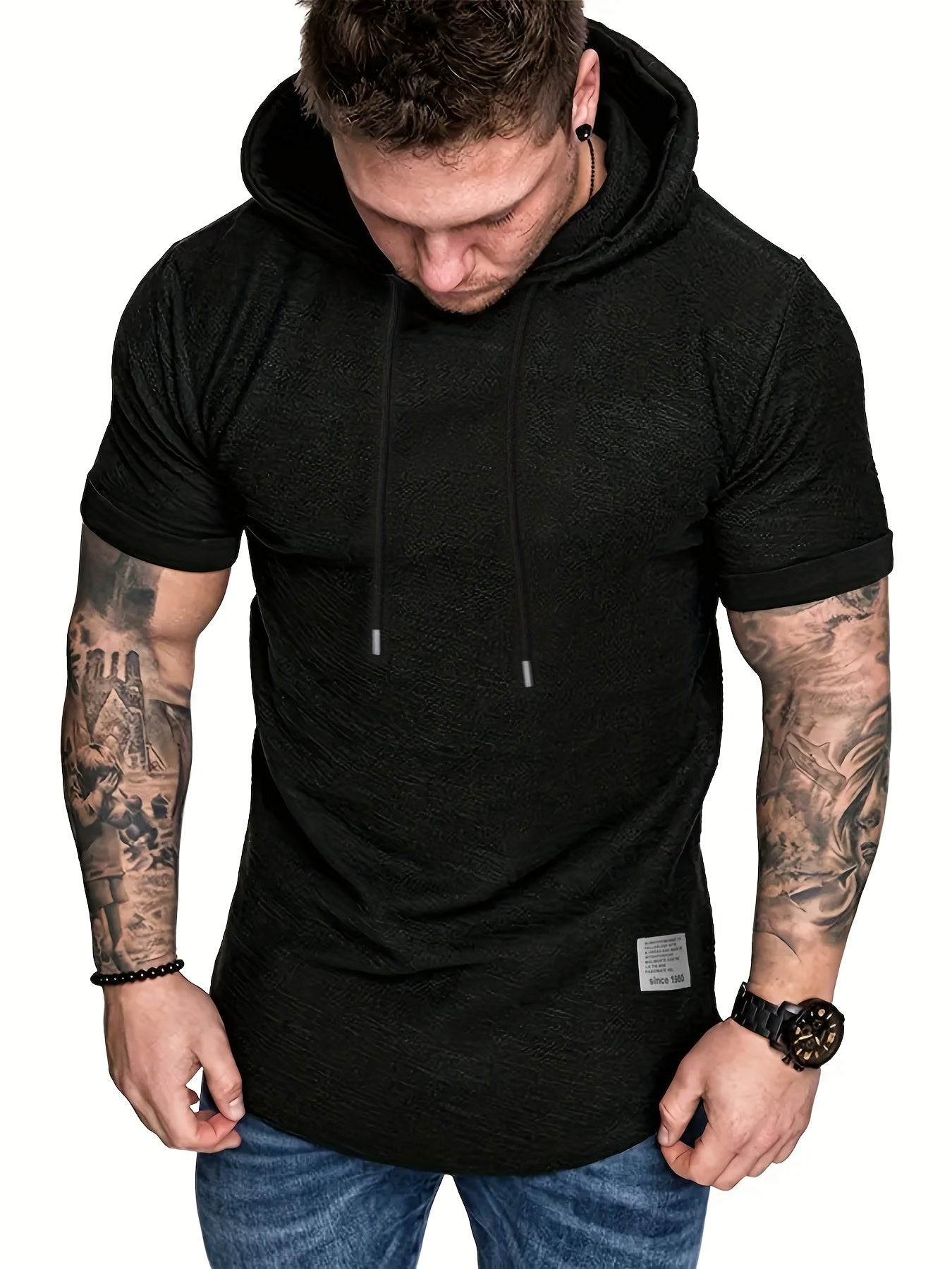 Men's plus size hooded t-shirt with short sleeves and drawstring, perfect for summer comfort.