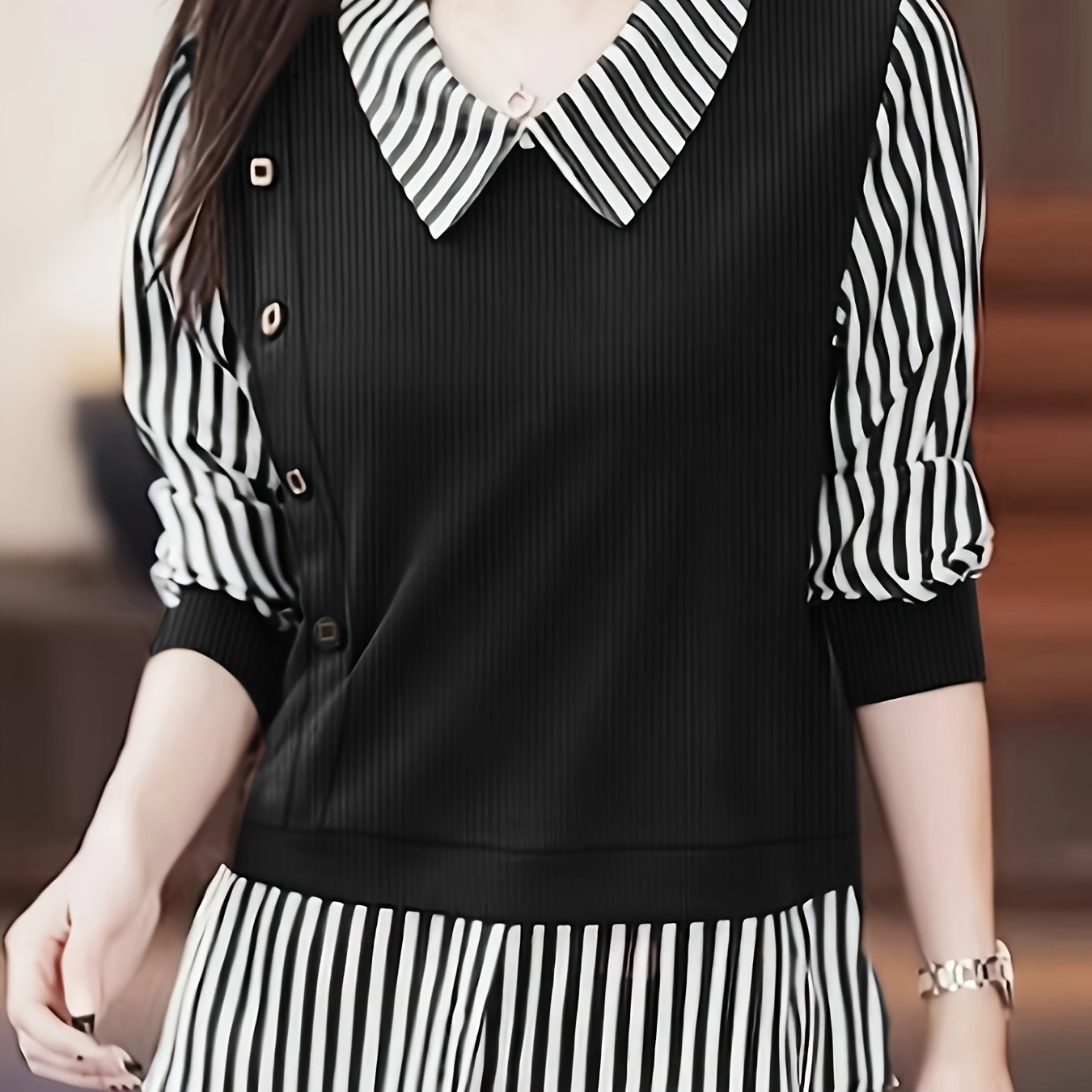 Stripe Print Faux Twinset Blouse for Spring & Summer, Women's Casual Three-quarter Sleeve Top.