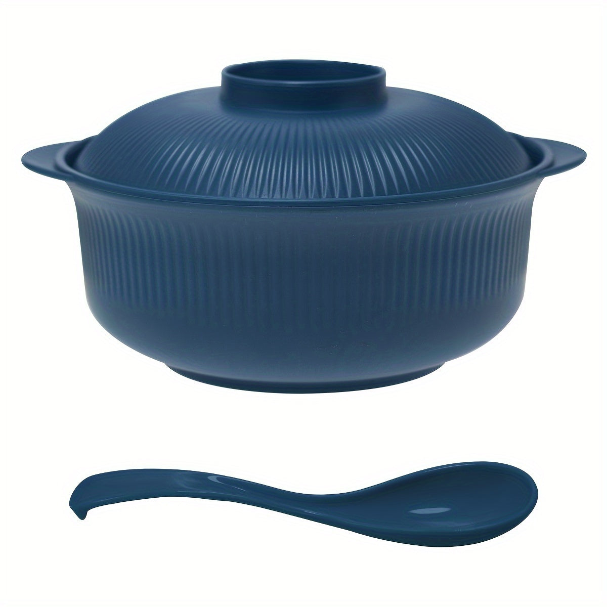 Large capacity casserole-style bowl set with lid, includes long soup spoon. Portable 1100ml/38oz bowl, ideal for Japanese and Korean-style ramen, rice, or lunch. Suitable for family restaurants and student use.