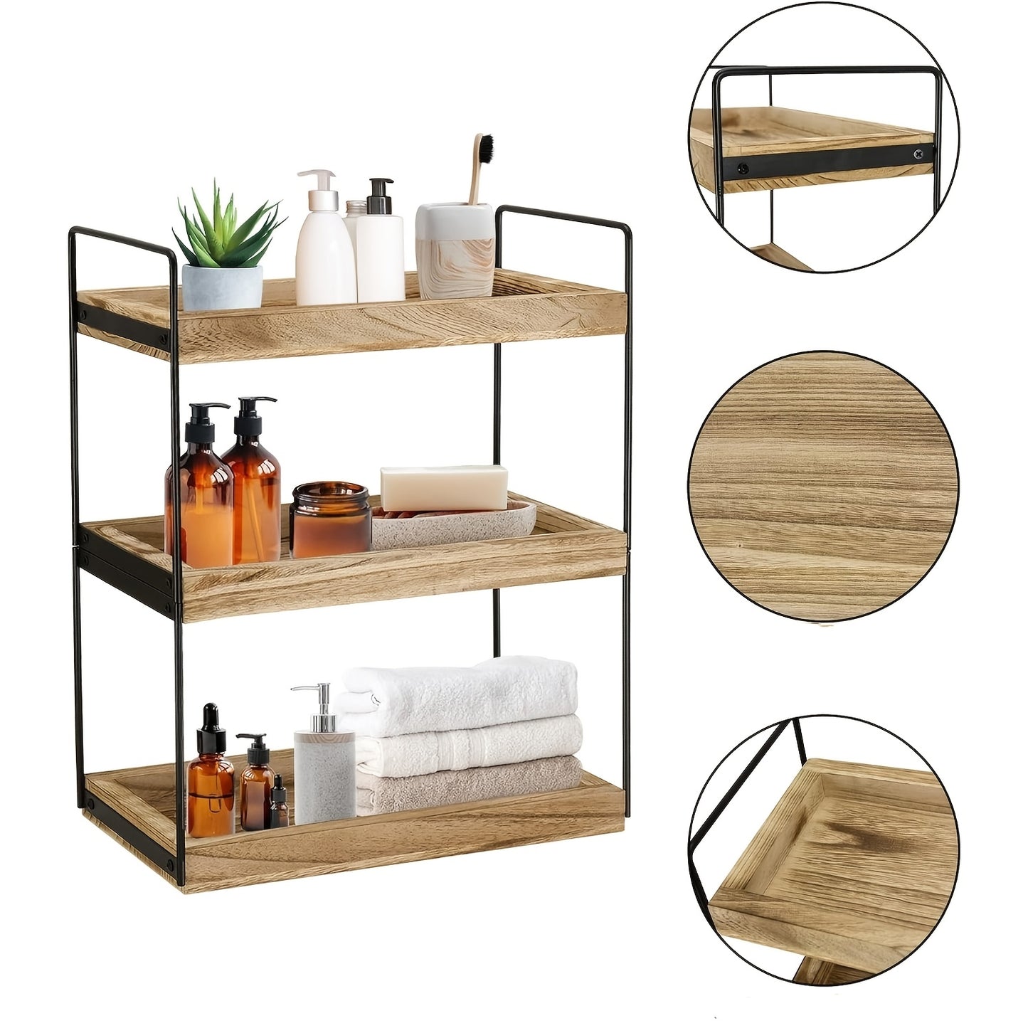 1pc 2/3-Tier Solid Wood and Metal Display Rack - Versatile Organizer for Various Spaces - Elegant Countertop Shelf with Multi-Use Tiers for Decor and Function, Bathroom and Kitchen Storage.