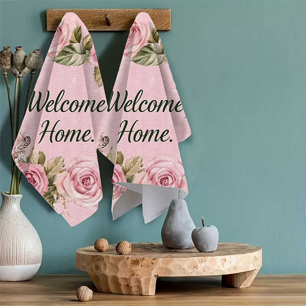 Set of 2 Ultra Soft Kitchen Towels - "Welcome HOME" Pink Design featuring Roses & Butterflies, Exceptionally Absorbent & Easy to Clean Dish Hand Towels, Perfect for Holiday Decor, Size: 40.64x60.96 cm, Dish Towels