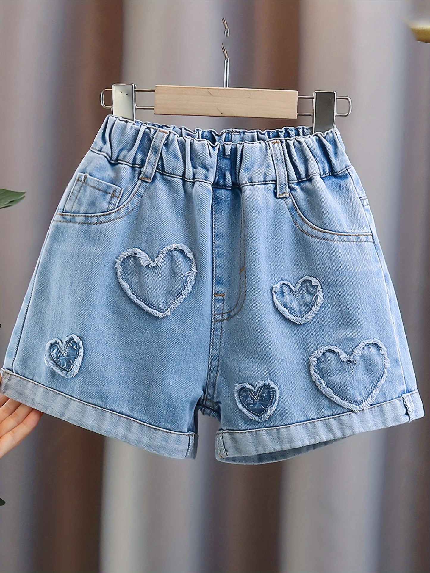 Girls Pull-on Jean Shorts with Heart Patches