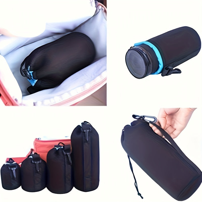 Set of waterproof camera lens bags, including a large SLR lens tube with a suede storage pocket. Made with durable synthetic fabric, this portable lens case comes with a carrying strap for easy transportation of photography accessories.