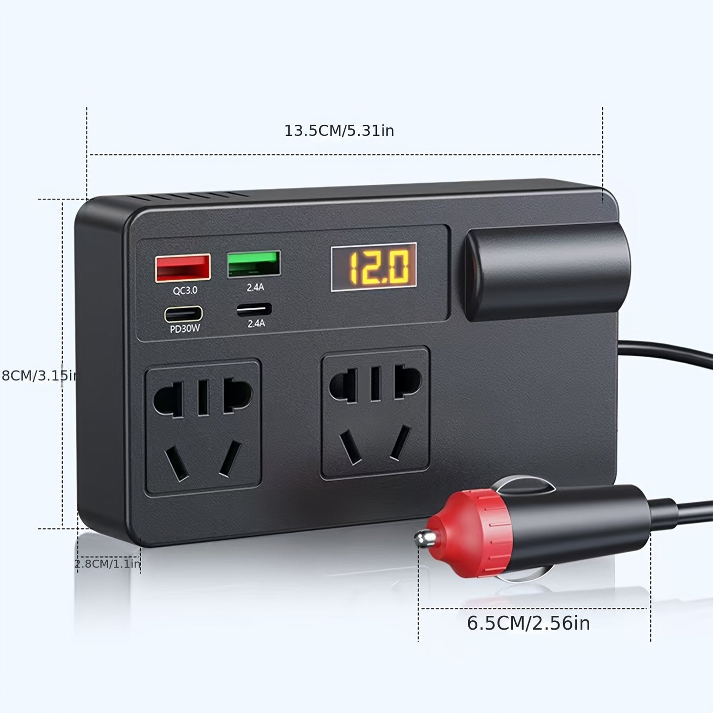 200W high-power car power inverter with voltage detection, fast charging, multi-USB ports, converts 12V/24V to 220V, PD fast charge, compact design, US plug.