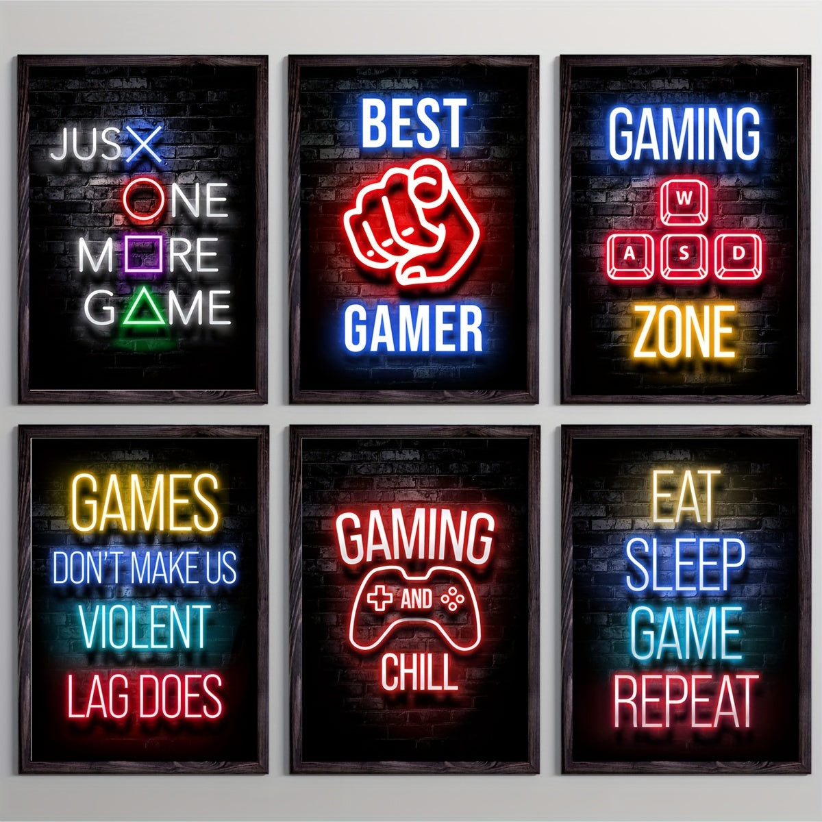 Set of 6 Modern Art Design Neon Style Wall Posters Featuring Video Gamer Quotes, Frames Not Included, Perfect Gifts for Room Decor, Playroom or Bedroom, A4 size 11.4"x8.3" (29x21cm)