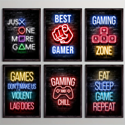 Set of 6 Modern Art Design Neon Style Wall Posters Featuring Video Gamer Quotes, Frames Not Included, Perfect Gifts for Room Decor, Playroom or Bedroom, A4 size 11.4"x8.3" (29x21cm)