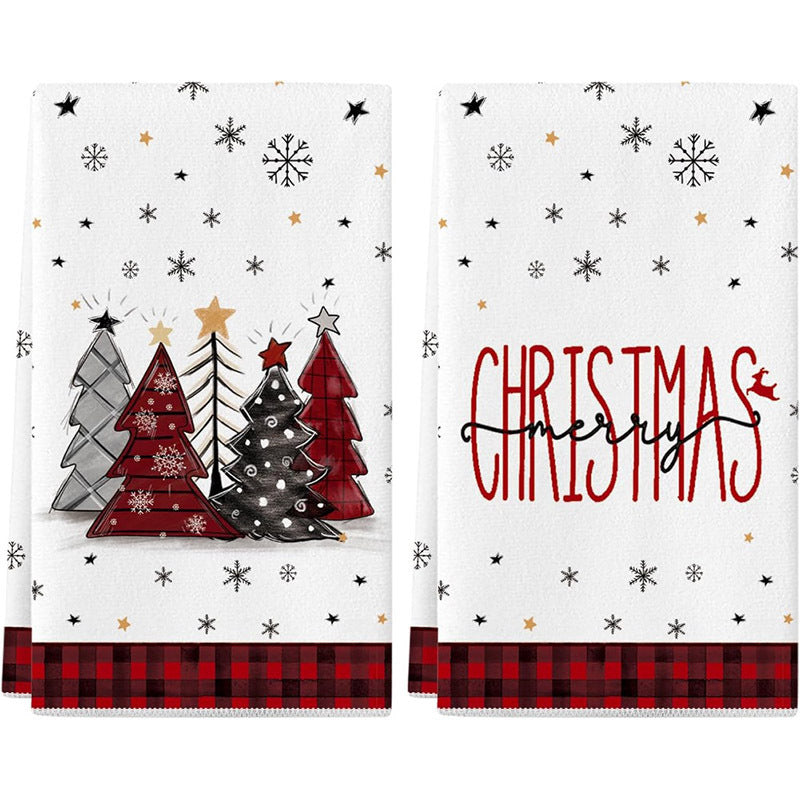 Pair of Christmas kitchen towels featuring Christmas tree design, perfect for dishwashing and festive home decor. These handkerchiefs are ideal for seasonal winter festivals and Christmas tree decorations. Use them as home drying wipes, as they are large