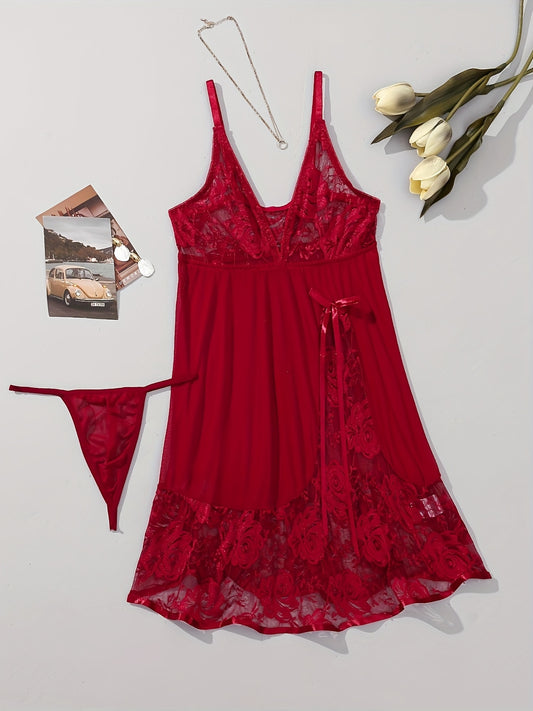 Red lace and mesh slip dress with thong set - featuring V-neck with bow detail, semi-sheer polyester blend, hand washable lingerie.