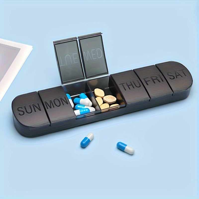 Large weekly pill organizer with 7 compartments for vitamins and fish oil, in a travel-friendly case.