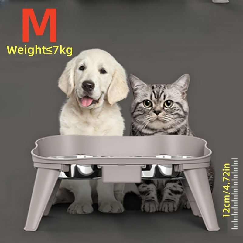 Neck-friendly elevated pet feeder with two stainless steel bowls, detachable design for easy cleaning, ideal for dogs and cats.