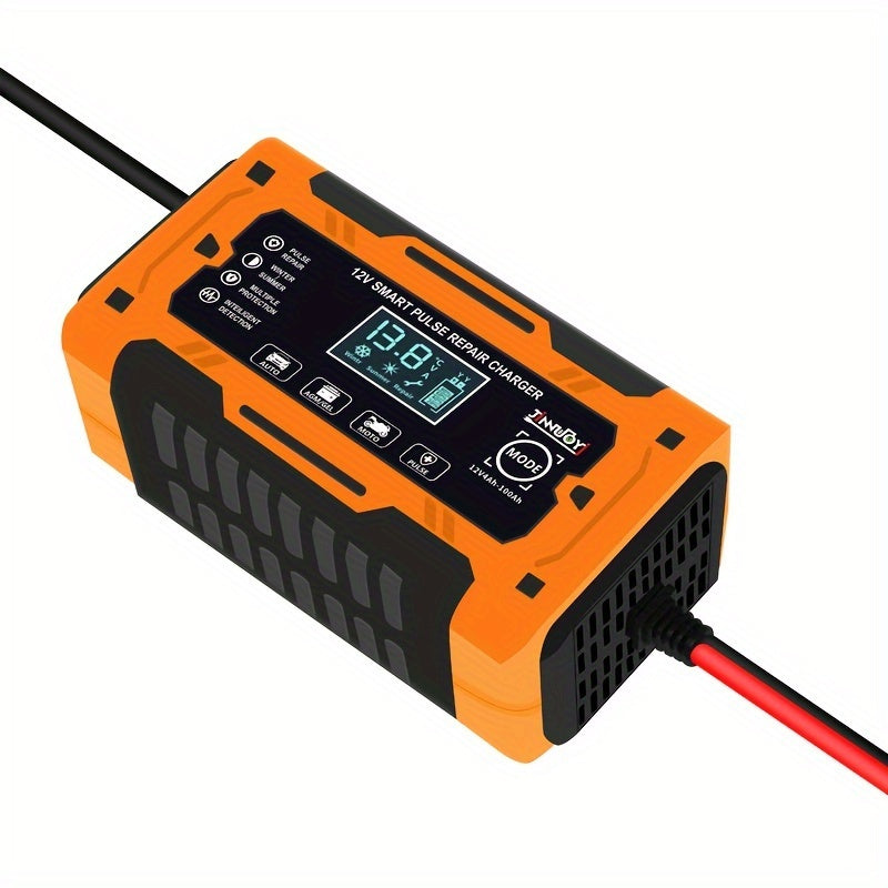 12V 6A automatic battery charger with repair function, LCD display, fast charging, suitable for electric devices and car batteries. EU plug included.