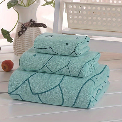 3-piece Cartoon Patterned Towel Set: Soft, absorbent, ultra-thin, and breathable. Featuring a contemporary style, 100 GSM knit fabric made of a polyester and nylon blend. Oblong shape