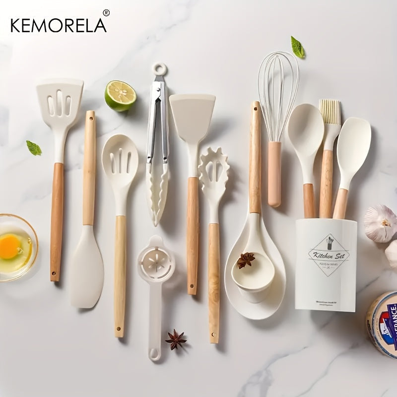 KEMORELA 14-Piece Silicone Kitchen Utensil Set with Wooden Handles and Storage Bucket - Non-Stick, Food-Safe Cooking Tools Ideal for Apartments and Dorms, by KEMORELA