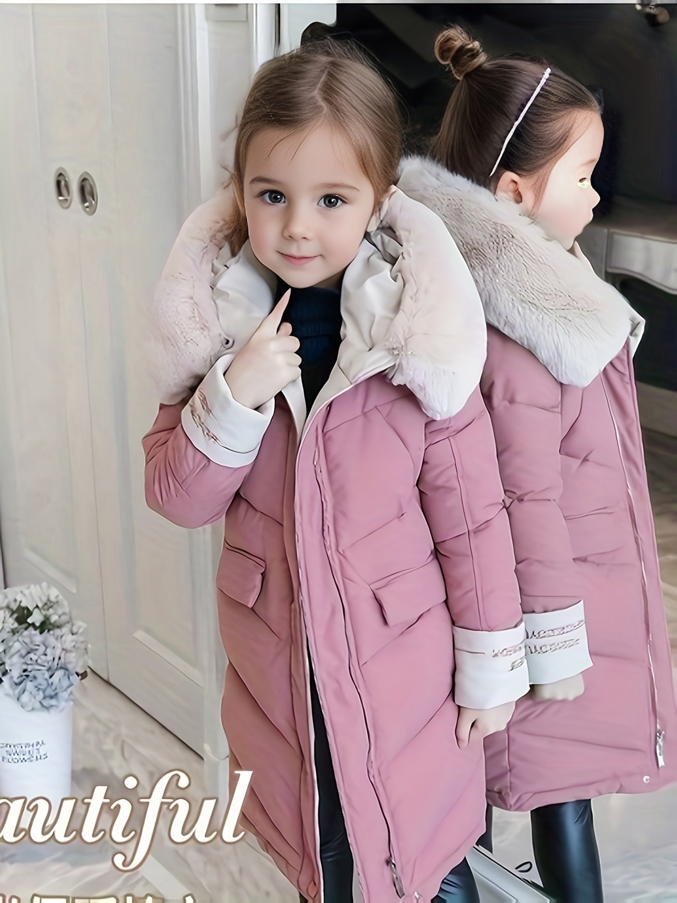 Stylish mid-length winter coat with faux fur hood for Korean fashion lovers. Made of 100% polyester and machine washable, with striped cuffs for added flair.