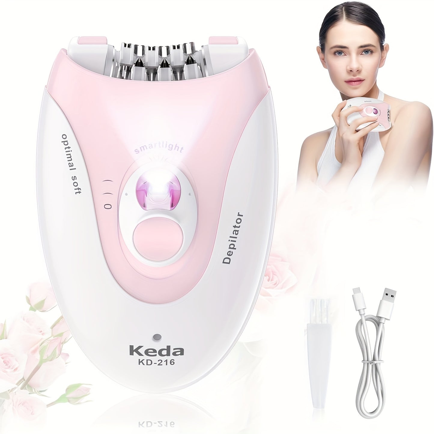 HATTEKER Electric Epilator for Women with Smartlight, Stainless Steel Blade, USB Charging, Rechargeable Nickel Battery - Effective Hair Removal with minimal discomfort.