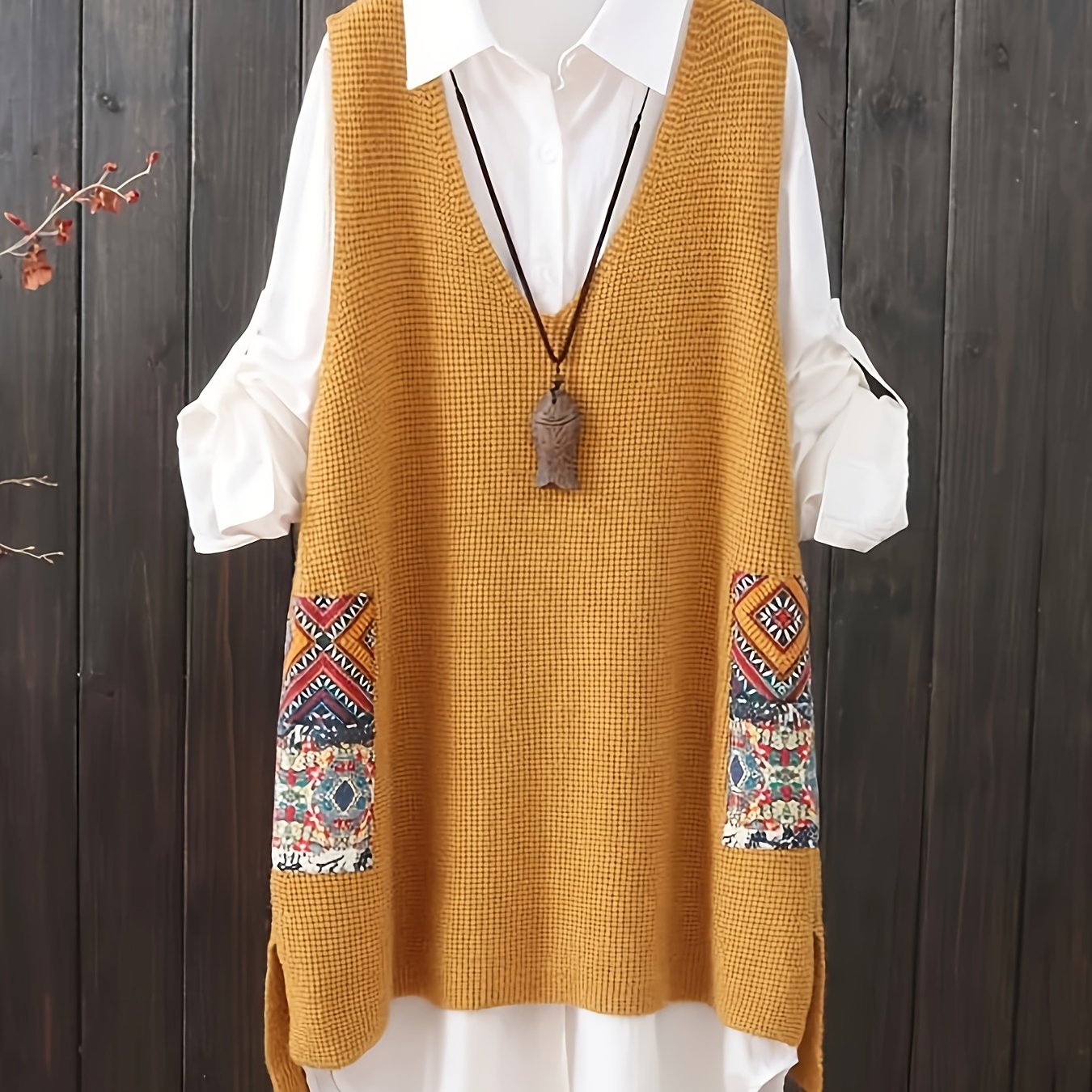 Plus size casual V-neck printed sweater vest dress with pockets.