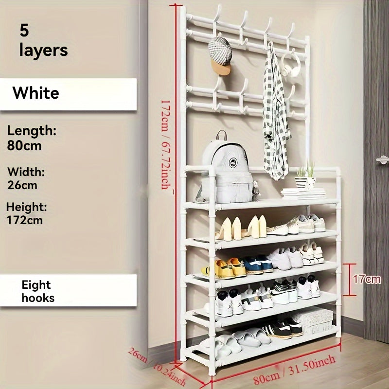 This versatile Metal Entryway Shoe Rack measures 80cm/31.49in wide and features 8 hooks for convenient storage of shoes, scarves, and hats. Perfect for entryways, living rooms, and bedrooms, this rack is easy to install and move around, requiring no wood