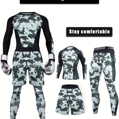 Men's 3-Piece Camouflage Sports Set with Muscle Fit Shirt, Pants, and Matching Shorts for Gym and Workout.