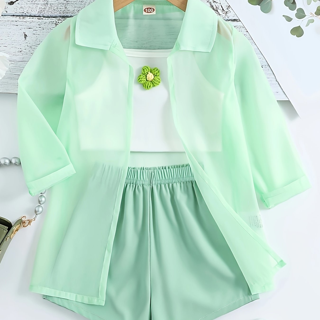 3 Piece set for girls' outdoor activities including ultra-thin long sleeve semi-sheer shirt, cami crop top, and shorts.