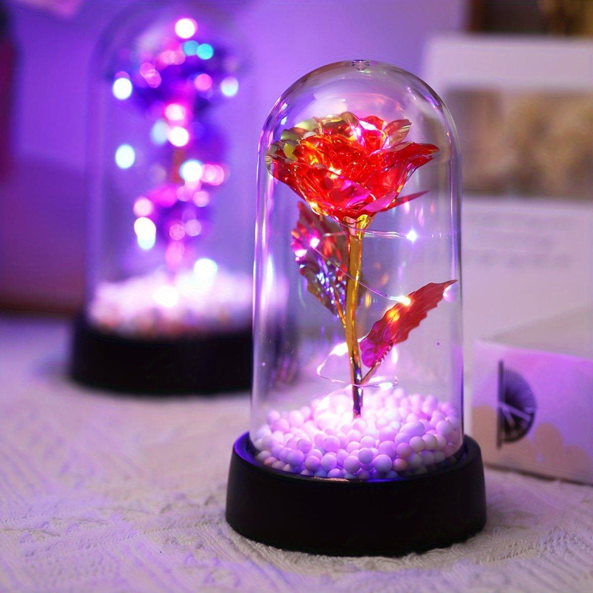 Modern LED Rose Flower Night Light with Golden Foil Accents, Battery Operated for Bedroom Decor, Special Occasions, and Gifts.