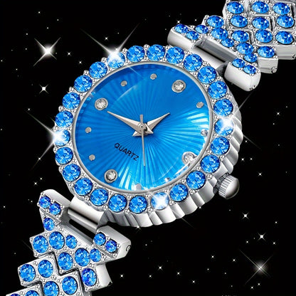 5 elegant women's quartz watch and heart-shaped gemstone jewelry set in glamorous blue crystal wristwatch with zinc alloy band, paired with sparkling necklace, earrings, and ring. Ideal for