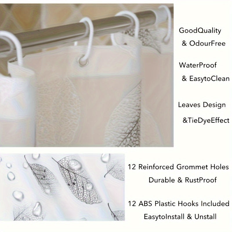 Leaf pattern shower curtain with liner, hooks, and waterproof & durable design.