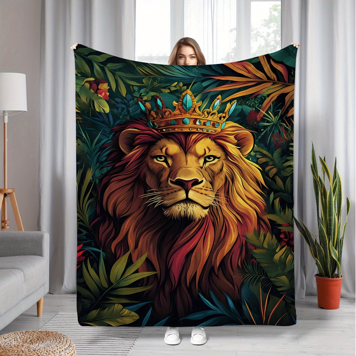 Get cozy with this contemporary style Jungle Lion Print Flannel Blanket! Perfect for all seasons, this soft throw is great for bed, sofa, or car. Made of digital print polyester, it is machine washable and weighs 200-250gsm. Makes an ideal gift for