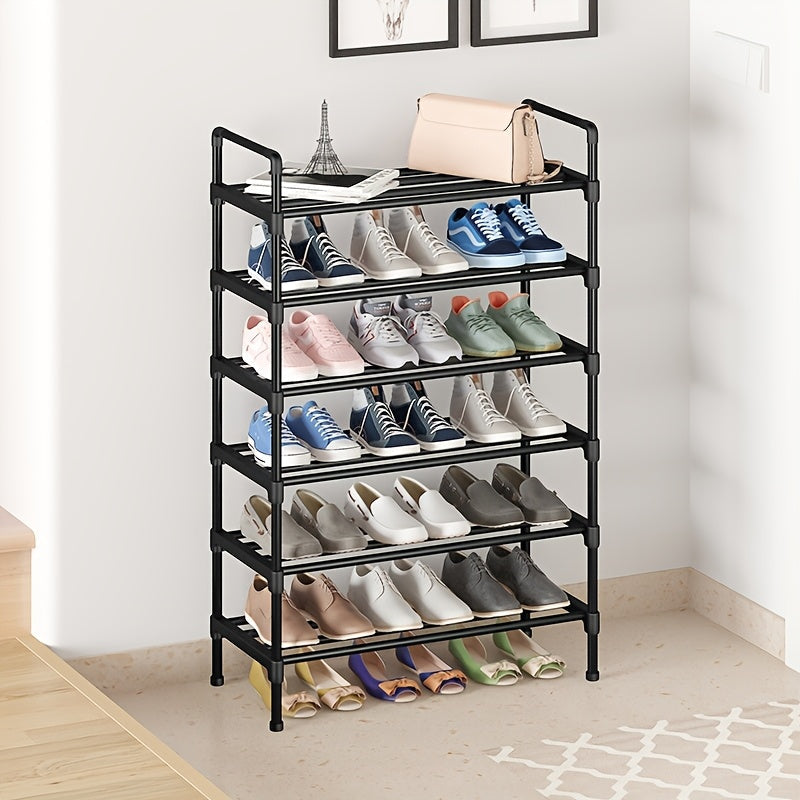 Upgrade your shoe organization with this sleek black metal and plastic shoe rack. With six tiers, it provides ample storage space for all your shoes, whether in the entryway, bedroom, or even outdoor. This stackable and freestanding shoe organizer is