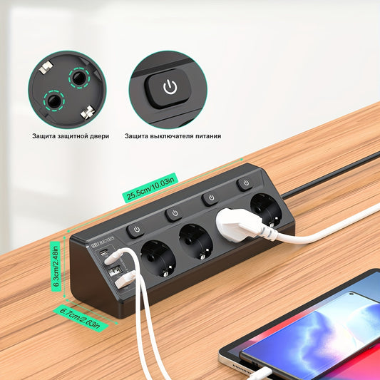 4-tier corner outlet with USB C and USB, wall-mounted and desktop options, multiple outlets with switch, 2m black.