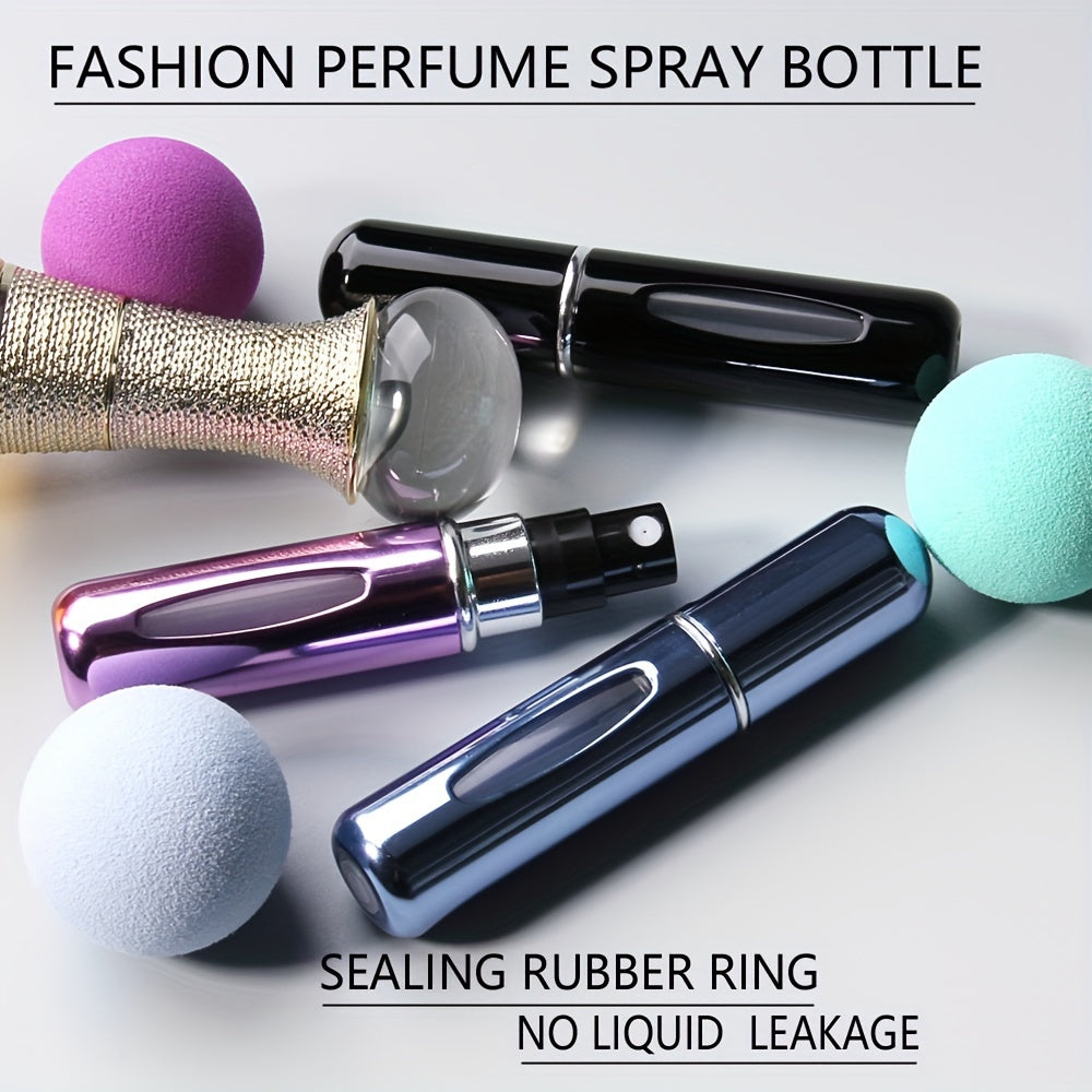 A set of 5 travel-sized refillable perfume atomizers, each holding 5ml. Conveniently carried in purse, backpack, or luggage. Features bottom filling and dispensing box. Ideal for cosmetics.