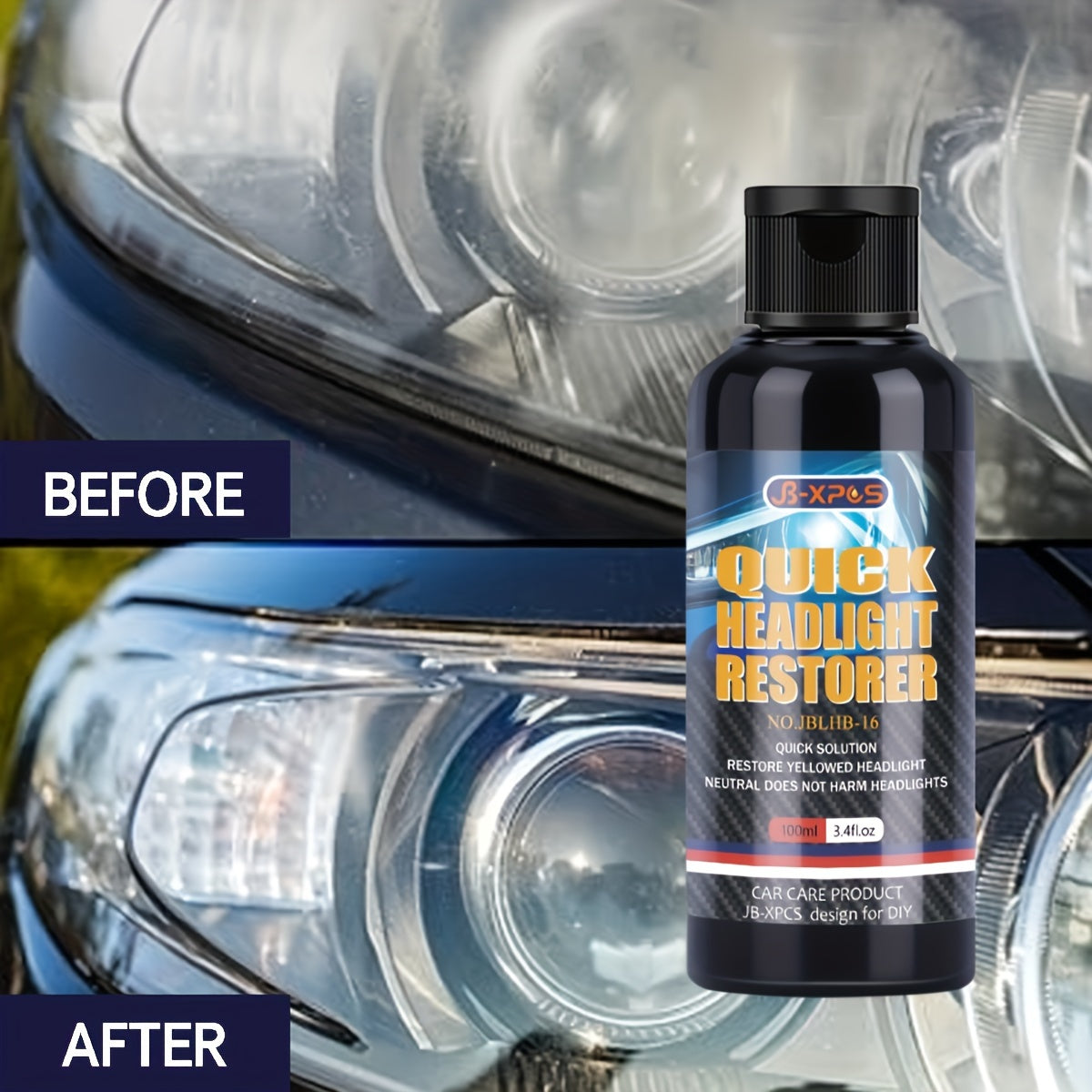 Restore car headlights with a milk-based brightening agent that eliminates yellowing, aging, and the need for polishing.