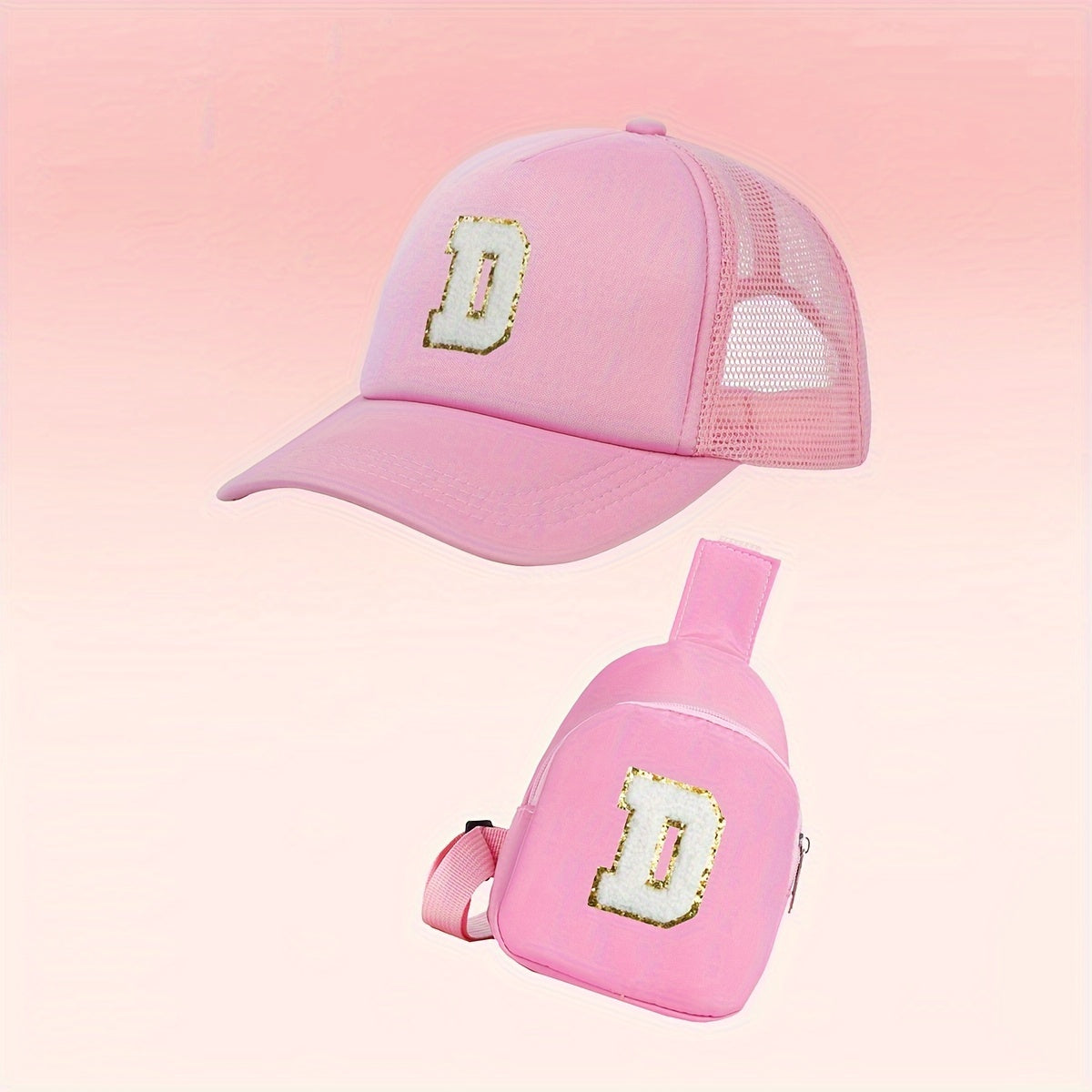 Alphabet-themed 2-piece set for girls includes a polyester baseball cap and bag, suitable for ages 3-14. Features a fitted, breathable design ideal for daily wear and special occasions