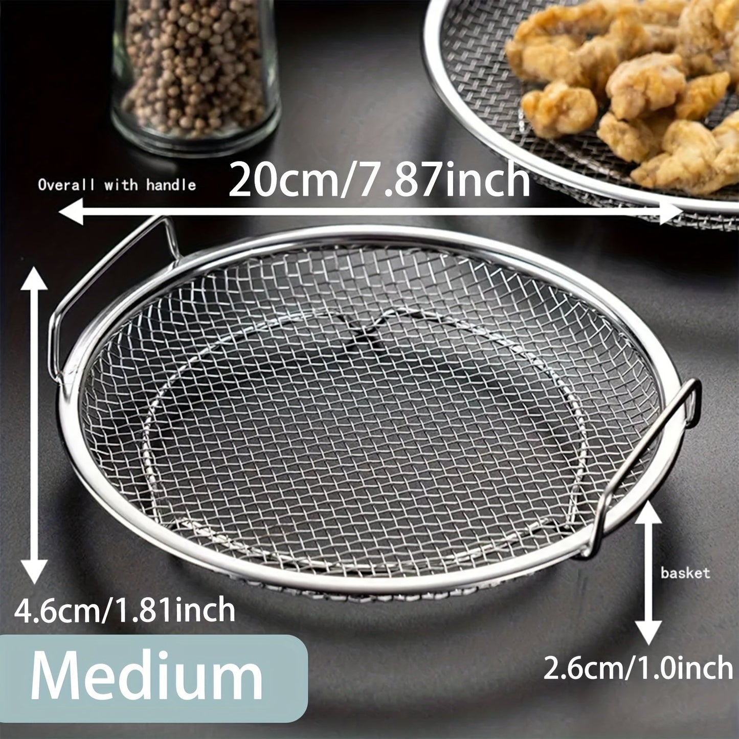 1 piece of a crisper basket that can be used for air frying and baking. This non-stick round tray comes with a mesh grill to catch grease, making it perfect for cooking crispy foods. Made of stainless steel, this basket is a handy kitchen tool and