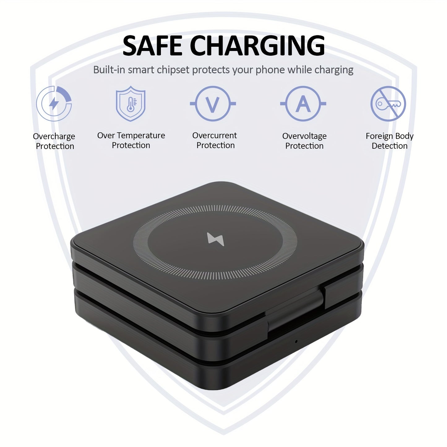 3-in-1 fast wireless charger for cell phones compatible with QI standard. Magnetic holder for iPhone, headphones, watches, and more.