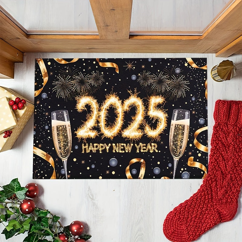 1 piece of rectangular polyester fiber doormat for the year 2025, featuring a festive Champagne cup print. This non-slip mat is machine washable and perfect for entryways, kitchens, living rooms, bedrooms, and bathrooms. It is lightweight, easy to clean