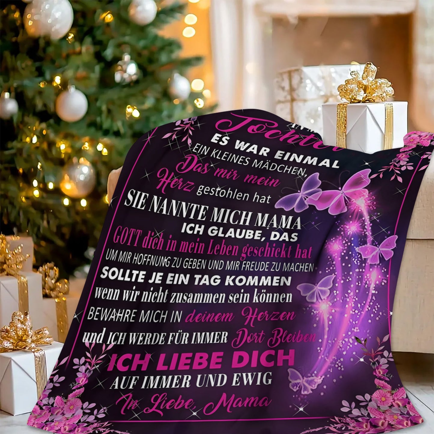 A contemporary soft flannel fleece blanket featuring a German message from Mom to Daughter, adorned with a beautiful purple butterfly and floral pattern. Suitable for all seasons with a digital print, made from 100% polyester and weighing 200-250gsm.