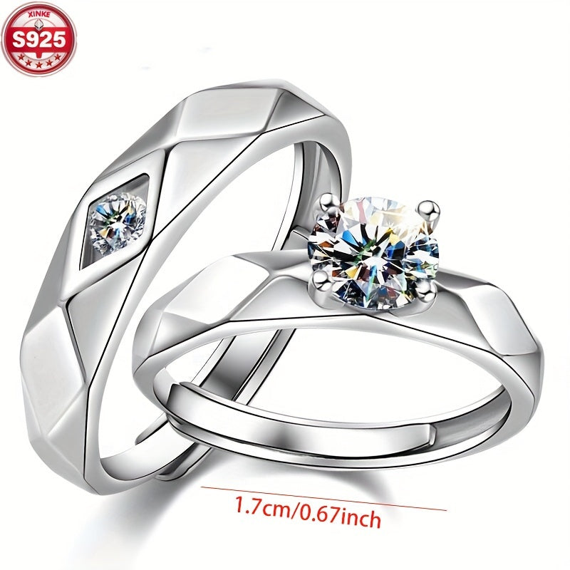 Two pieces of 925 Silver Fashion Couple Rings featuring a Unisex Bohemian Elegant Style, adorned with Synthetic Cubic Zirconia on an Open Band. Ideal for Music Festivals, Vacations, Valentine's Day, and can be worn all year round.