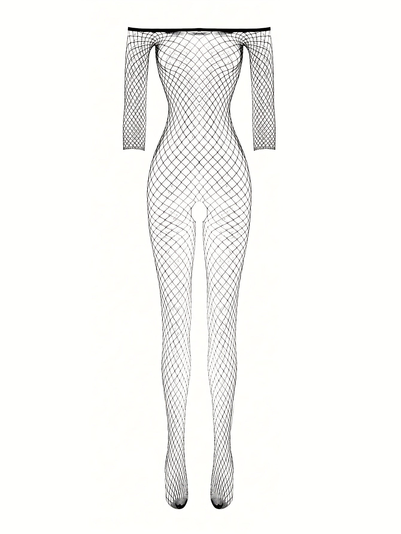 One-shoulder sexy bodystocking in fishing net material.