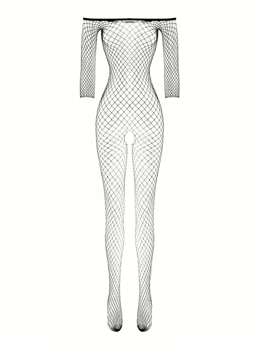 One-shoulder sexy bodystocking in fishing net material.