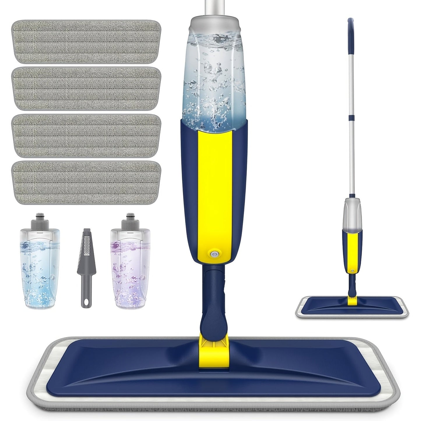 Get a complete 1set Microfiber Mop Set including 2 Refillable Water Bottles and 4 Washable Pads. The mop features a 360° Rotatable Metal Handle for easy cleaning in Home, Living Room, Bedroom, or Outdoor floors without the need for electricity.