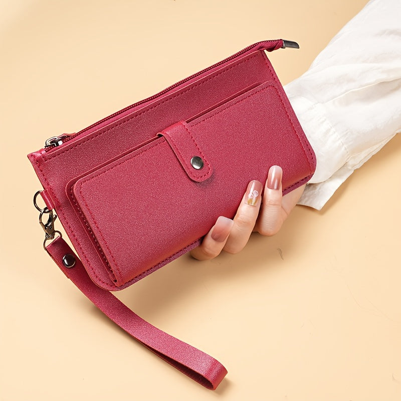 Casual women's wallet with large capacity, zippered coin purse, card slots, and wristlet clutch in faux leather.