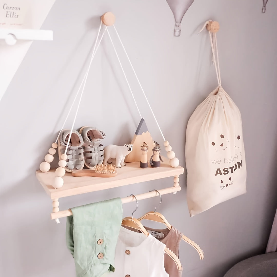 Enhance your home decor with this Bohemian-style wooden hanging shelf organizer! This 1-pack set includes wall-mounted floating shelves with a towel bar, perfect for displaying nursery room items and storing plants. Suitable for use in the living room or