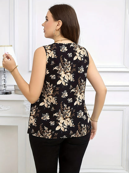 Plus size sleeveless blouse with V-neck and floral print, featuring golden accents. Non-stretch fabric with stylish black and white design, suitable for casual wear all-season.