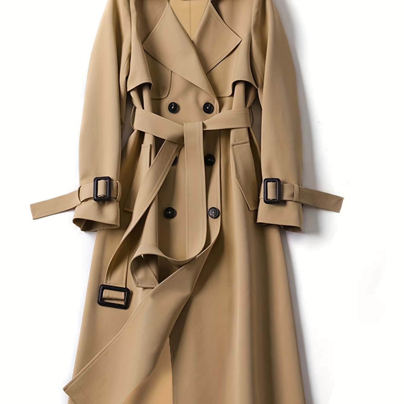 Double-breasted trench coat with lapel collar, belt, and long sleeves for fall & winter in plus sizes.