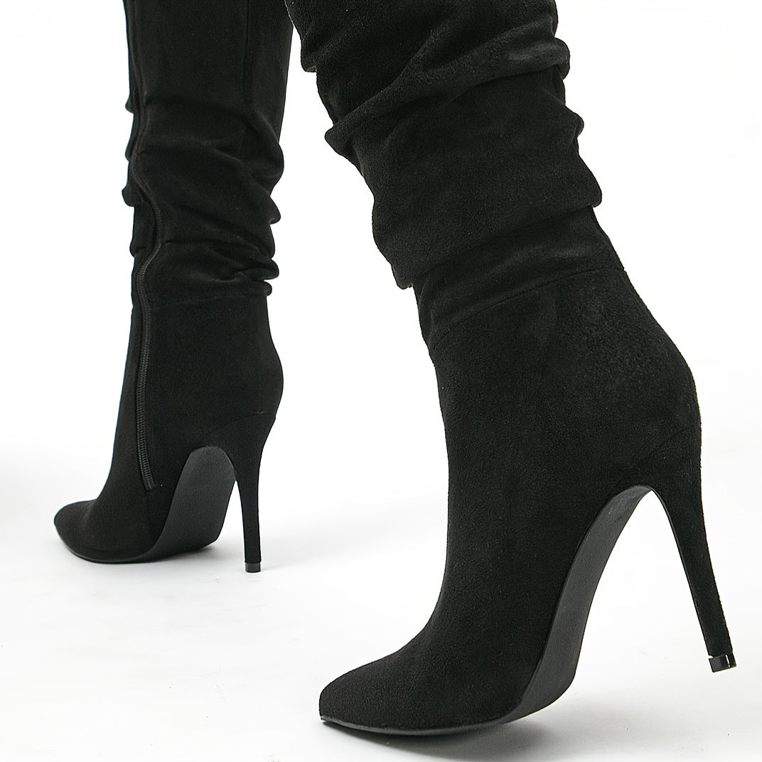 Pleated design long boots for women with point toe and stylish side zipper.